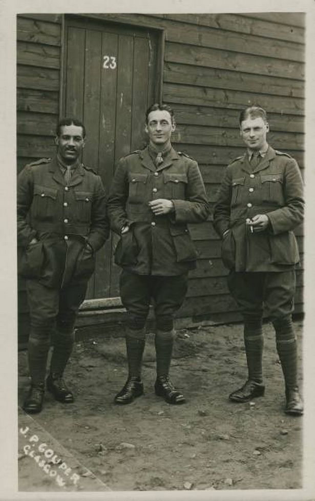 Walter Tull with fellow officers, probably taken in the spring of 1917 at Gailes on the west coast of Scotland, where Walter was undertaking his officer training. Walter Tull is believed to be one of the first black infantry officers to lead British troops in the First World War, despite army regulations that prohibited a person of 'non-European descent’ from undertaking officer training. (Photo by Walter Tull Archive/Finlayson Family Archive/Getty Images)